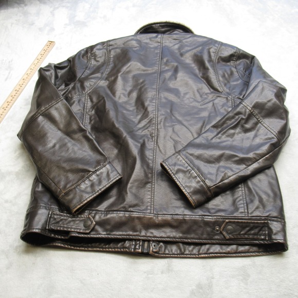 Levis Jacket Mens Large Brown Faux Leather‎ Sherpa Lined Pockets Snap Zip Front - Picture 3 of 16